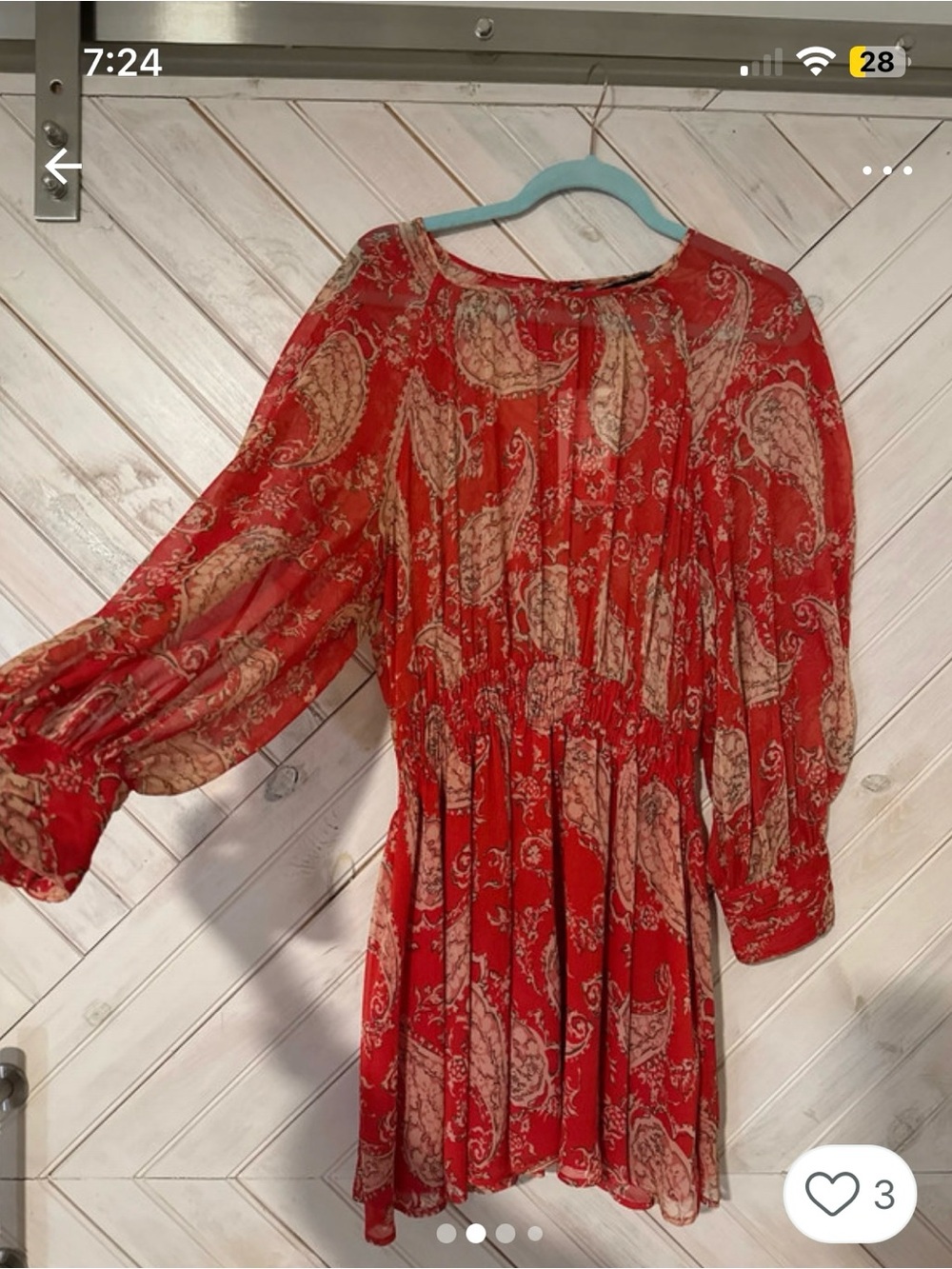 NWT Zara Women's Large Red Paisley Print Mini Dress Sheer Long Sleeve Cinched Wa